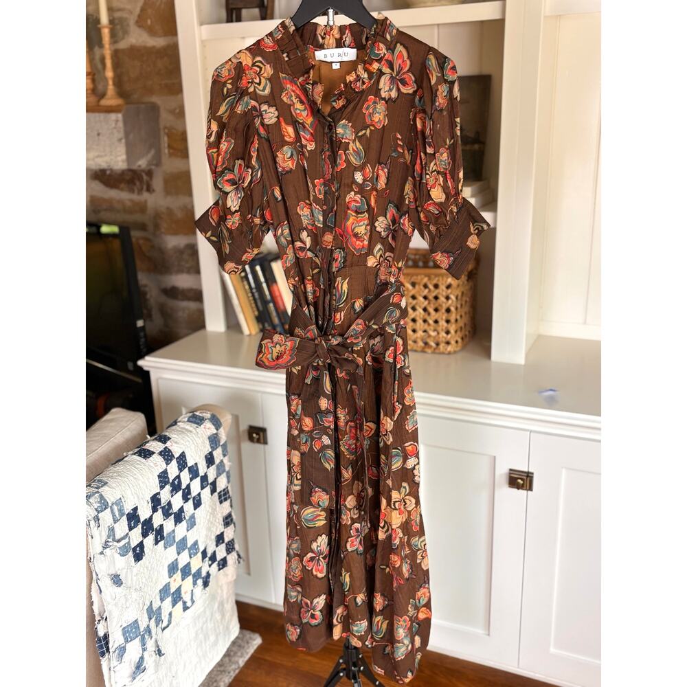 🌸 BURU Floral Print Belted Midi Dress | Size S | Brown Multicolor| Fall Wedding